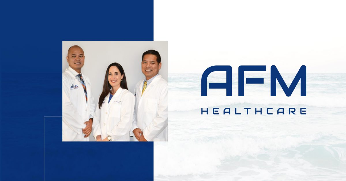A banner including the AFM logo, a washed out picture of waves and the main physicians in at the office.
