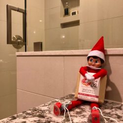 Elf on the shelf holding a bar of soap in The Carter Apartments