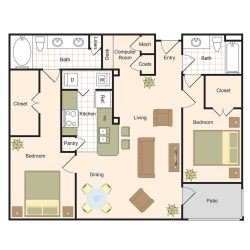 Jackson Hill Houston Apartments 2 bedroom, 1169ft² Floorplan