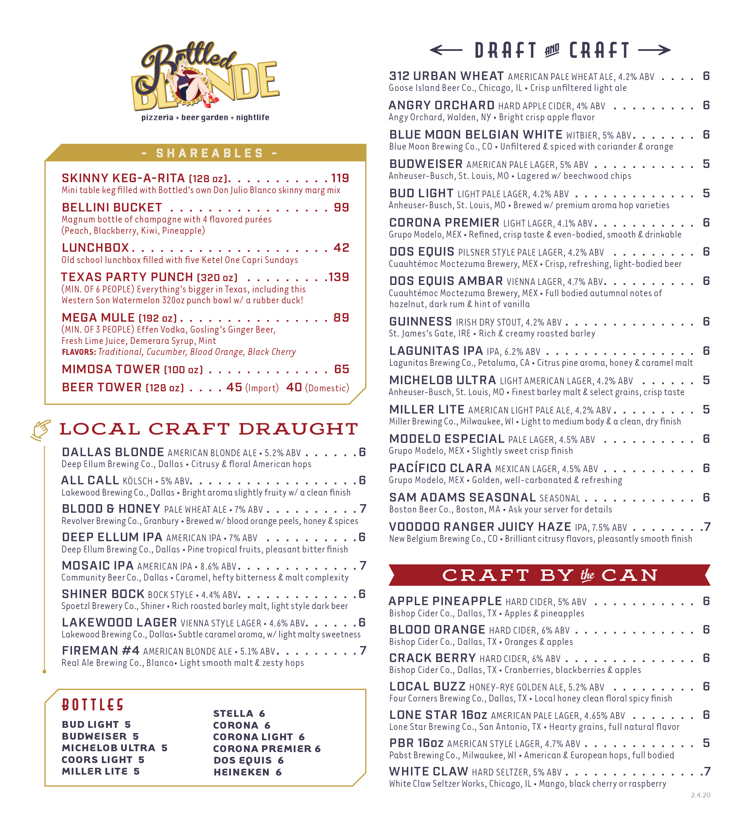Bottled Blonde Menus & Specials Best Italian Food & Nightlife in