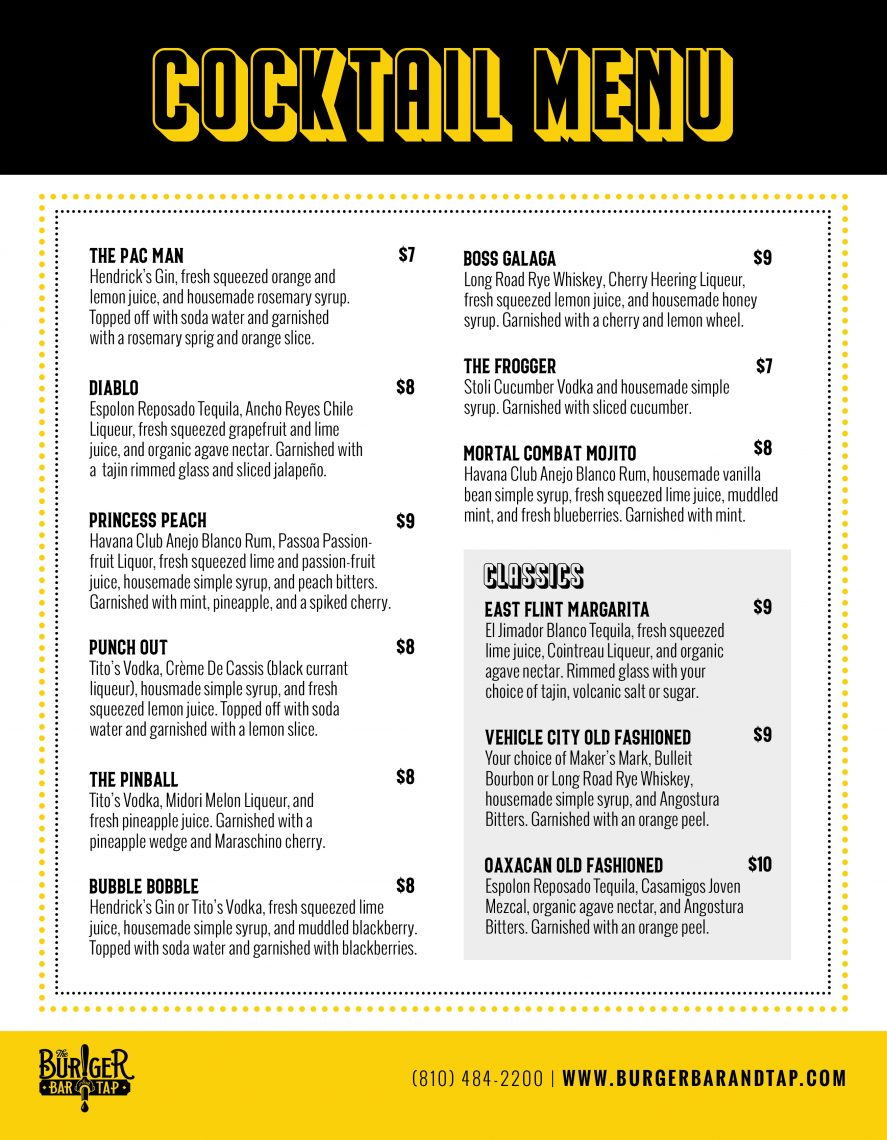 Cocktail Menu The Burger Bar and Tap