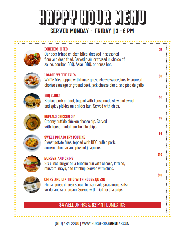 Happy Hour Menu The Burger Bar and Tap