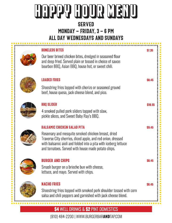 Happy Hour Menu The Burger Bar and Tap