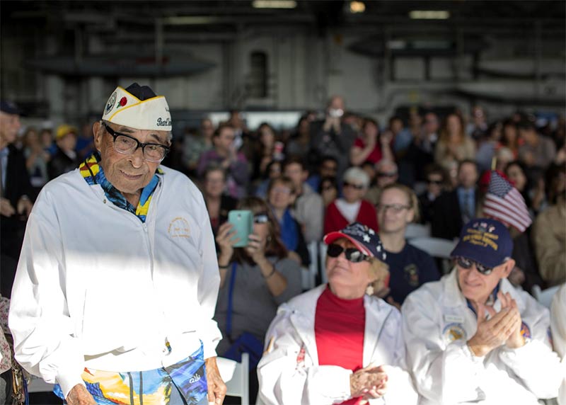Raymond Chavez at the 73rd anniversary of the attack on Pearl Harbor aboard the USS Midway Museum. Photo credit: 3rd Class Gregory A. Harden II