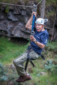 Nels Glesne ziplining on his 100th birthday. Photo courtesy Skyline EcoAdventures, Hawaii