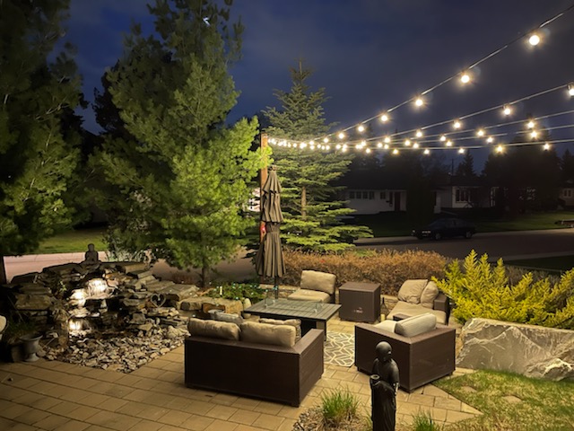string lights over a patio set in a backyard with a tree