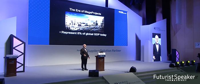 Futurist Thomas Frey keynoting an international steel conference to over 1,000 attendees on a recent trip to Korea