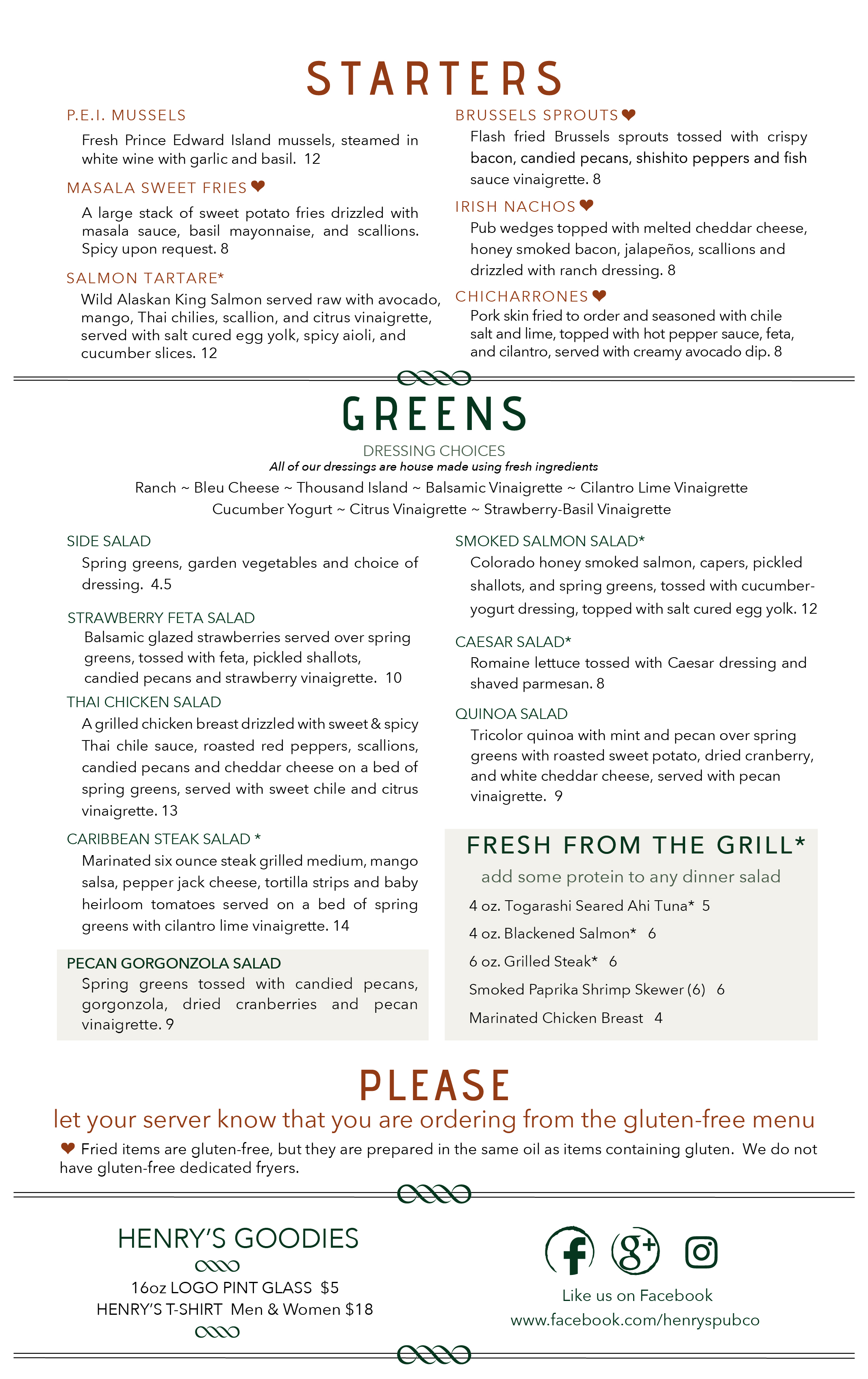 Gluten Free Menu Henry's Pub