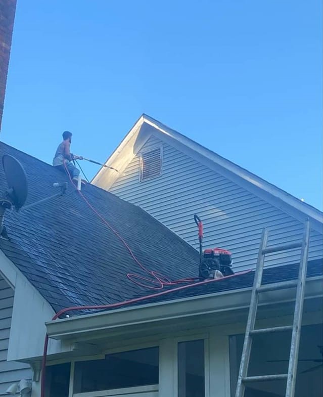 Professional roof cleaner on roof