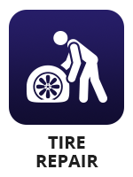 An icon of a person dealing with a flat tire with the term "tire repair"