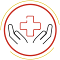 A vector image of a pair of hands holding a red cross.