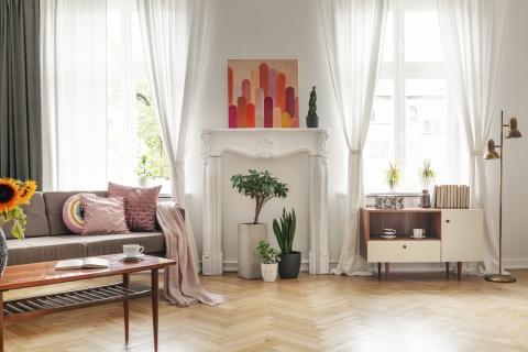 Image of a living room with couches, a table, and other decorations.