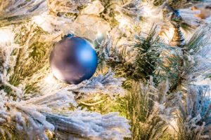 Image of an artificial tree with a silver ornament and fake snow.