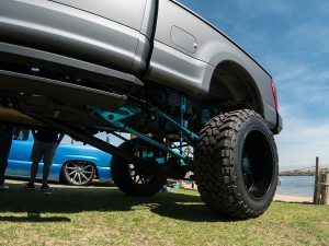 Closeup of a lift kit installed on a truck