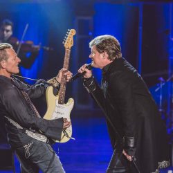 Singer Rob Evan and guitarist Tony Bruno on stage with the best of classic rock and classical music concert Rocktopia.