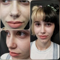 Double nostril piercing with 18 gauge internally threaded CZ stones and a 16 gauge 9 stone clicker septum piercing.