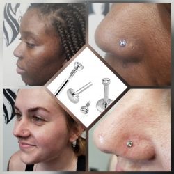 Nostril piercings with 18 gauge internally threaded 2.5 mm CZ stone.