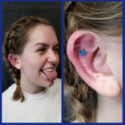 Outer conch 16 Gauge piercing with a 4 cluster opal top in blue.
