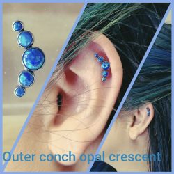 Outer Conch piercing with a 16 gauge internally threaded flat-back barbell with a five cluster blue opal top.