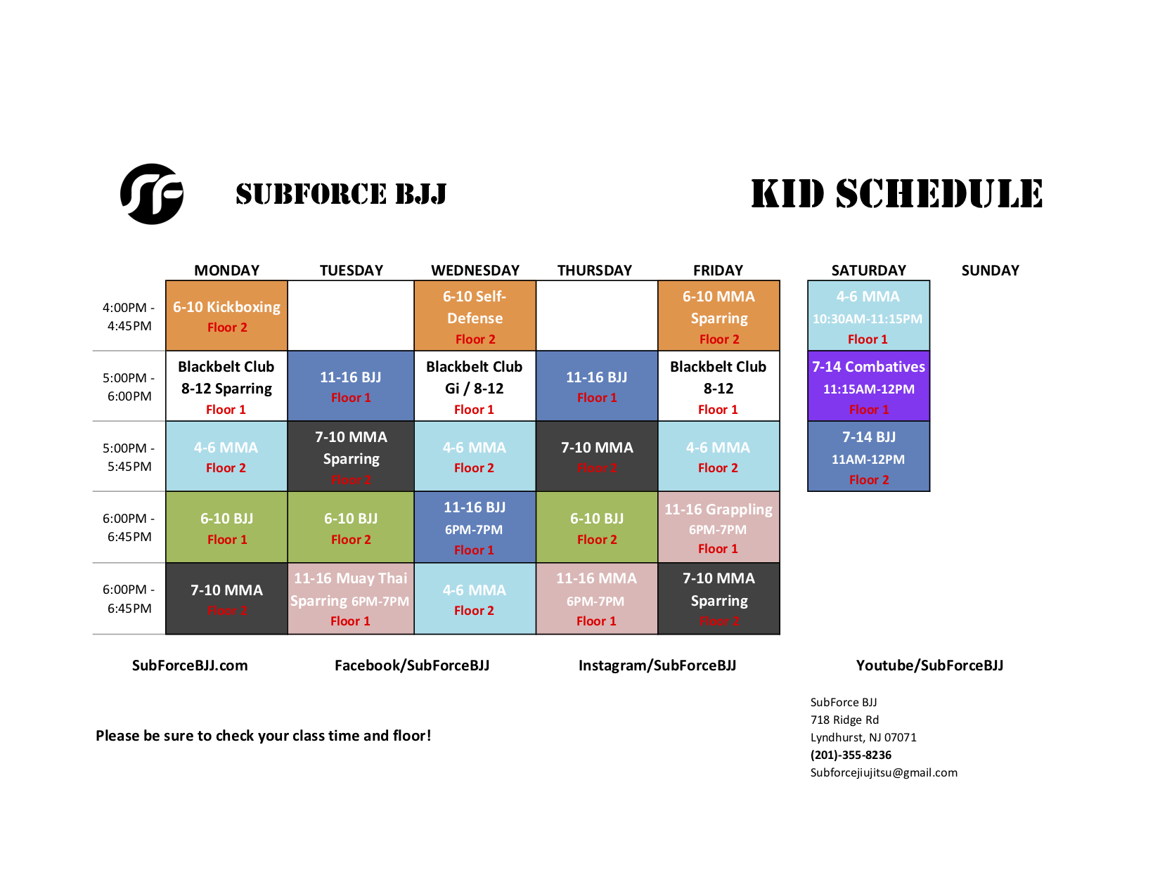 Class Schedules Sub Force BJJ
