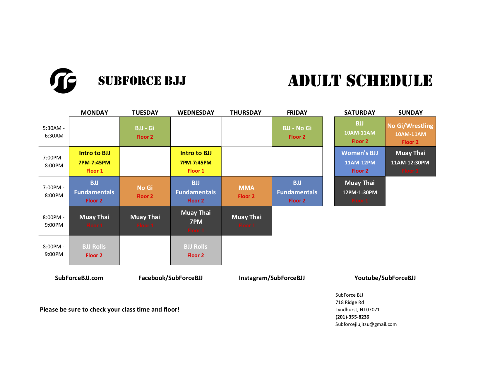Class Schedules Sub Force BJJ