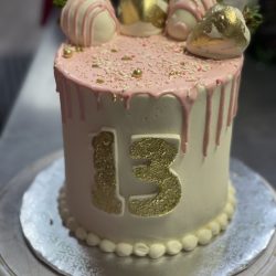 small drip cake with gold number and Fresh dipped strawberries, Arlington custom cakes, small birthday cakes