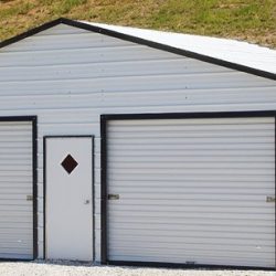 Enclosed Metal Garage with Double Rolling Garage Doors and Walk-Thru Door