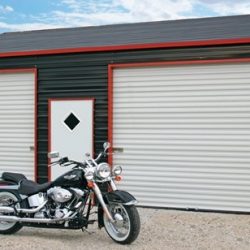 Enclosed Metal Garage with Double Rolling Garage Doors and Walk-Thru Door
