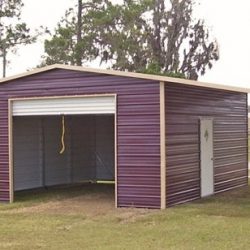 Enclosed Metal Garage with Rolling Garage Door, Walk-Thru Door, and Double Lean-To