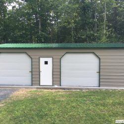 Enclosed Metal Garage with Double Rolling Garage Doors and Walk-Thru Door