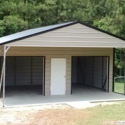 Enclosed Metal Garage with Double Rolling Garage Doors and Walk-Thru Door