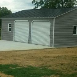 Enclosed Metal Garage with Double Rolling Garage Doors and Windows